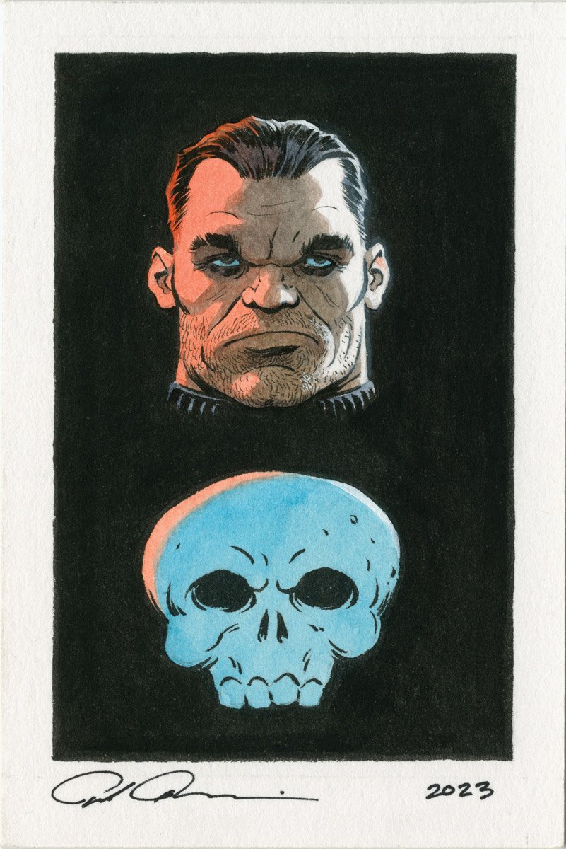 Punisher 4X6 Watercolor Inks Painted Head Shot Example