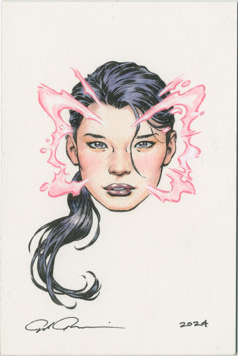 Psylocke 4X6 Watercolor Inks Painted Head Shot Example