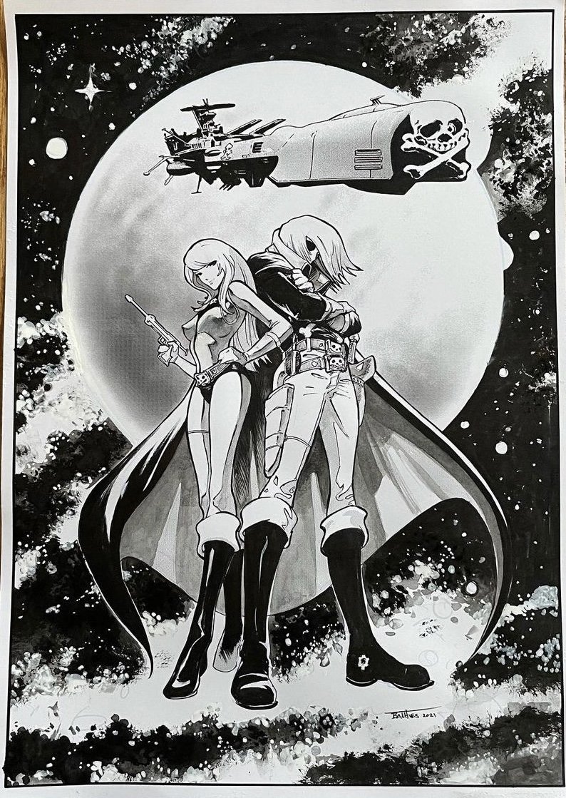 2 Character Full Figure With Full Background Commission Example Captain Harlock